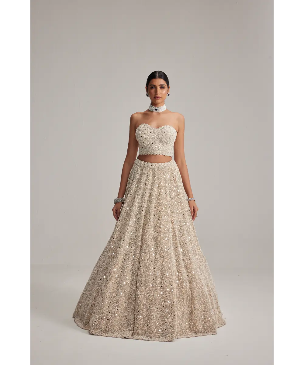 VVANI VATS- Light Beige Dense mirror and pearl Corset lehenga set